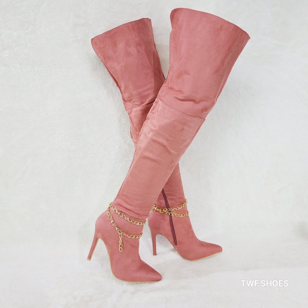 Bad Girlz Dusty Rose Blush Pink Faux Suede Wide Top Thigh High Boots Chain - Picture 5 of 14